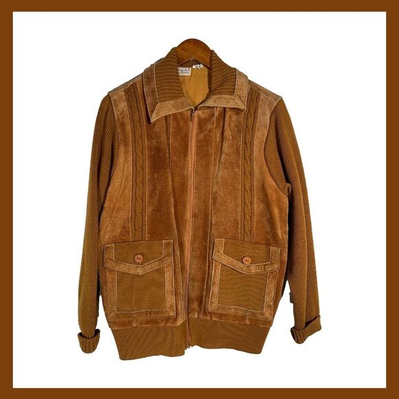 Vintage Suede Knit Jacket M 70s Orange Brown Cowhide Full Zip Retro Ricky Style - Picture 1 of 14